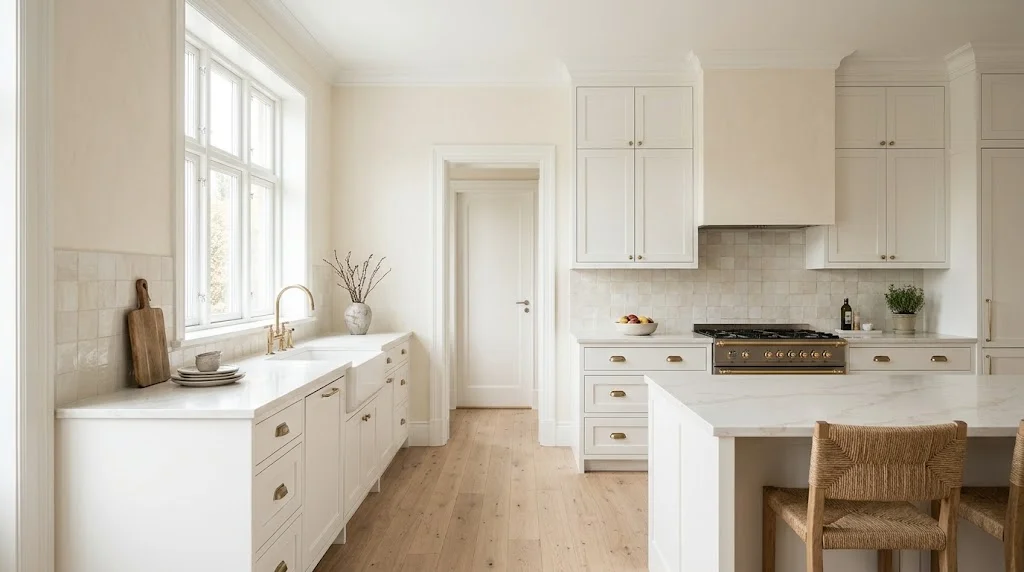 Kitchen with Alabaster walls, Pure White shaker cabinets and trim, oak floor and brass hardware