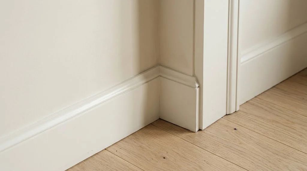 Close-up of Alabaster wall paint meeting Pure White semi-gloss baseboard and door casing on an oak floor