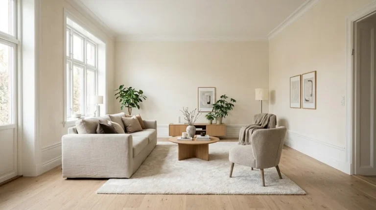 Scandinavian living room with Sherwin-Williams Alabaster walls and Pure White trim, oak floor and linen sofa