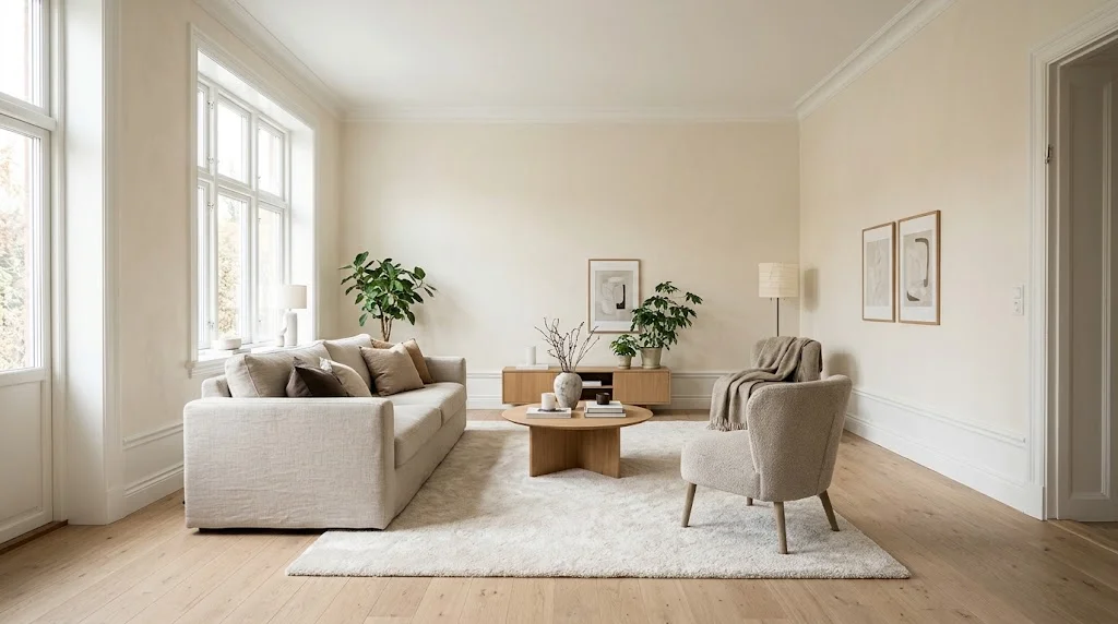 Scandinavian living room with Sherwin-Williams Alabaster walls and Pure White trim, oak floor and linen sofa