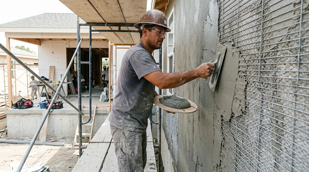 Plasterer applying a stucco scratch coat with a trowel over metal lath on a house wall