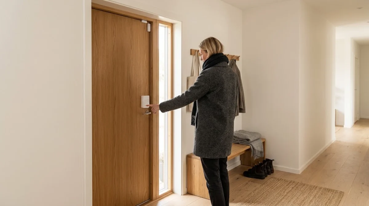 Person arming a home monitoring system keypad by the front door of a minimalist Scandinavian entryway