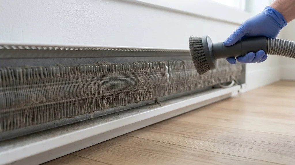 Electric baseboard heater with the front cover removed showing dusty aluminum fins being vacuumed