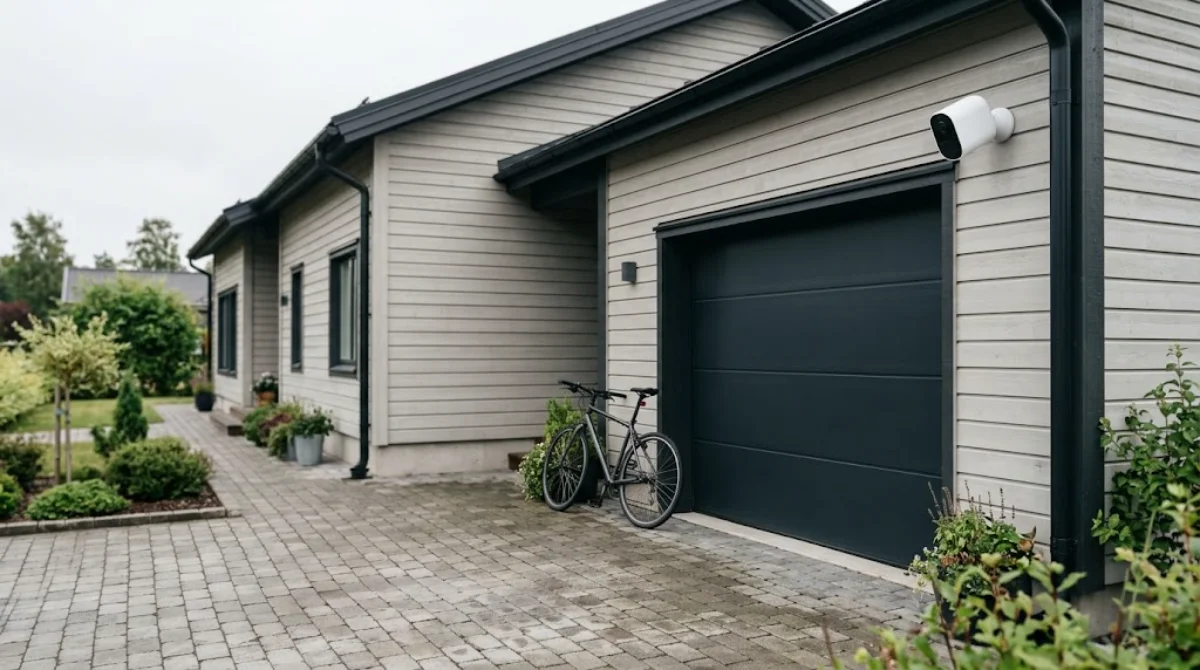 Battery powered outdoor security camera mounted above a garage door overlooking a driveway