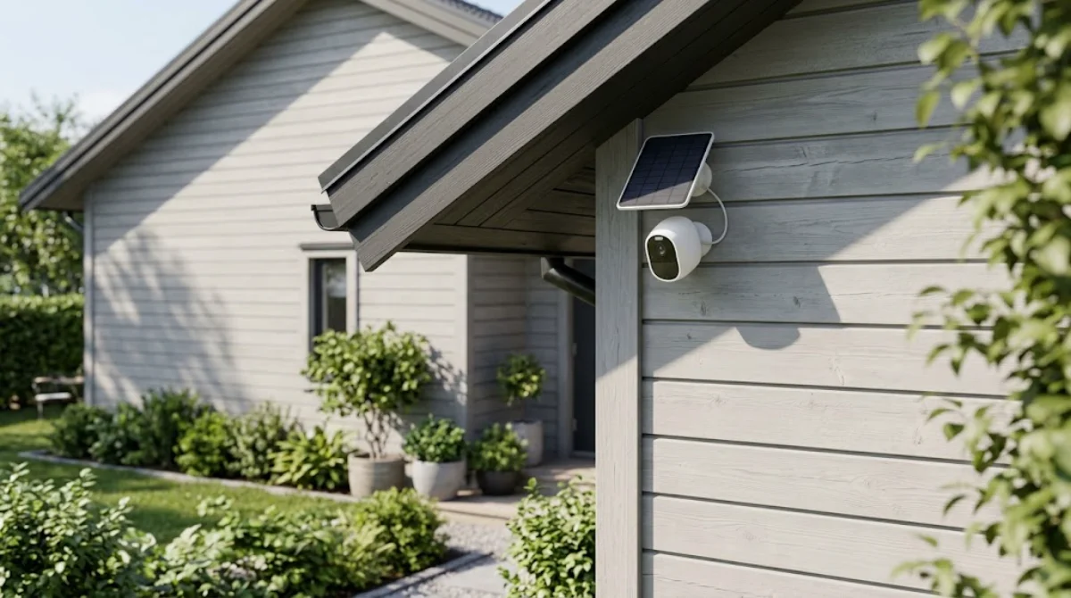 Battery powered outdoor security camera with a small solar panel mounted under the eave of a Scandinavian house