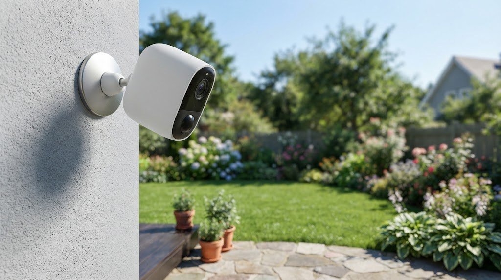 Battery powered outdoor security camera mounted on a house wall above a patio