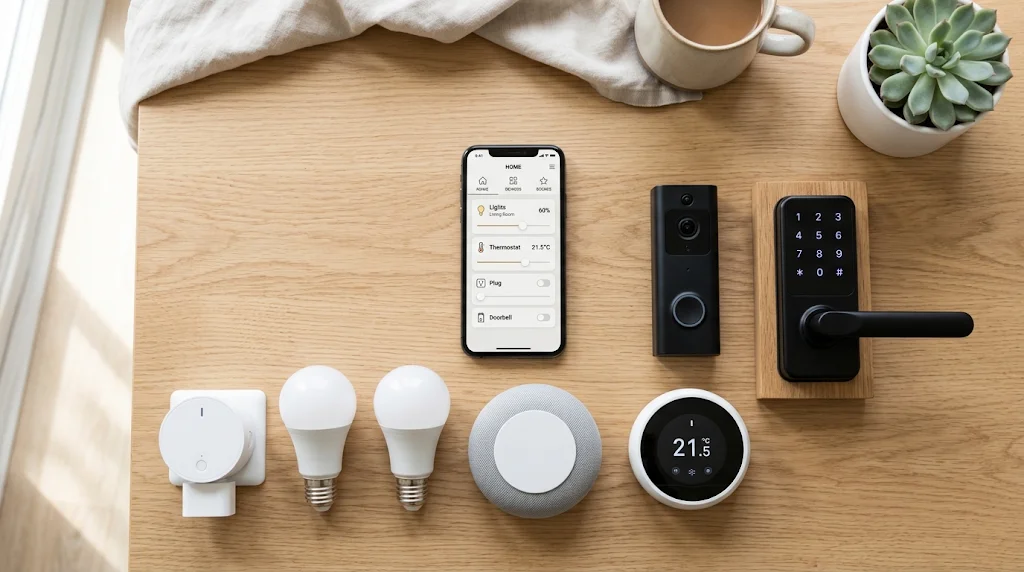 Beginner smart home devices on an oak table: smart plug, smart bulbs, smart speaker, smart thermostat, video doorbell, smart lock and phone app