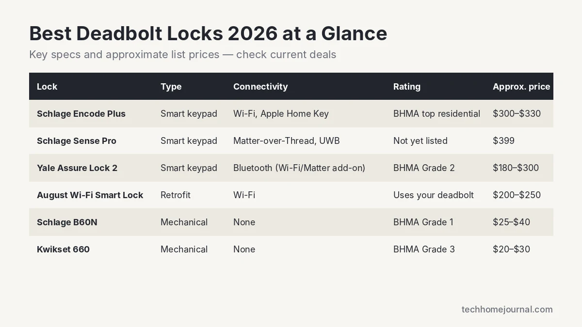 Comparison table of the best deadbolt locks 2026 including Schlage Encode Plus, Schlage Sense Pro, Yale Assure Lock 2, August Wi-Fi, Schlage B60N and Kwikset 660