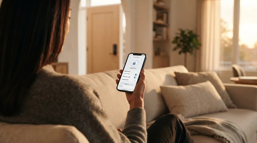 Homeowner managing Bluetooth access control guest keys in a smart lock app on the sofa