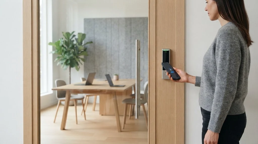 Employee unlocking an office door with a smartphone at a Bluetooth access control reader