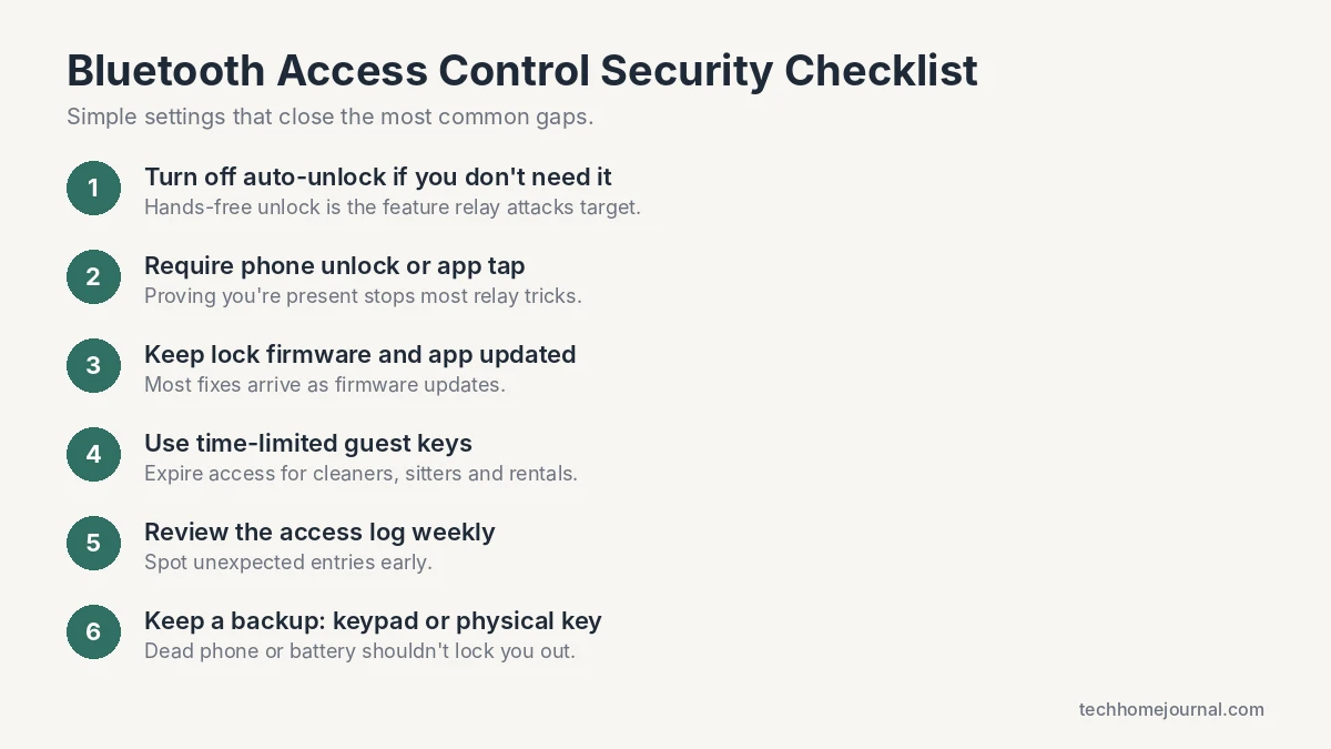 Bluetooth access control security checklist: auto-unlock, firmware updates, guest keys and access logs