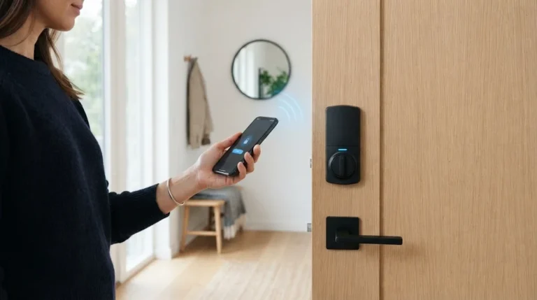 Bluetooth access control smart lock being unlocked with a smartphone at a Scandinavian-style front door
