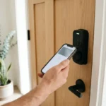 Hand holding a smartphone to unlock a black Bluetooth keypad smart deadbolt on an oak front door in a Scandinavian entryway