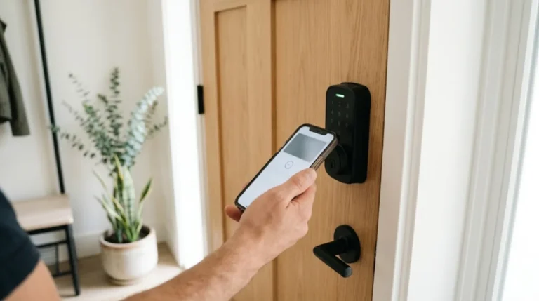Hand holding a smartphone to unlock a black Bluetooth keypad smart deadbolt on an oak front door in a Scandinavian entryway