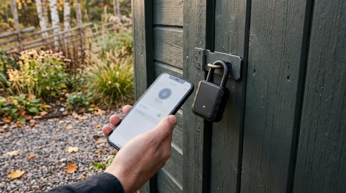 Black Bluetooth smart padlock on a wooden garden shed door with a smartphone nearby