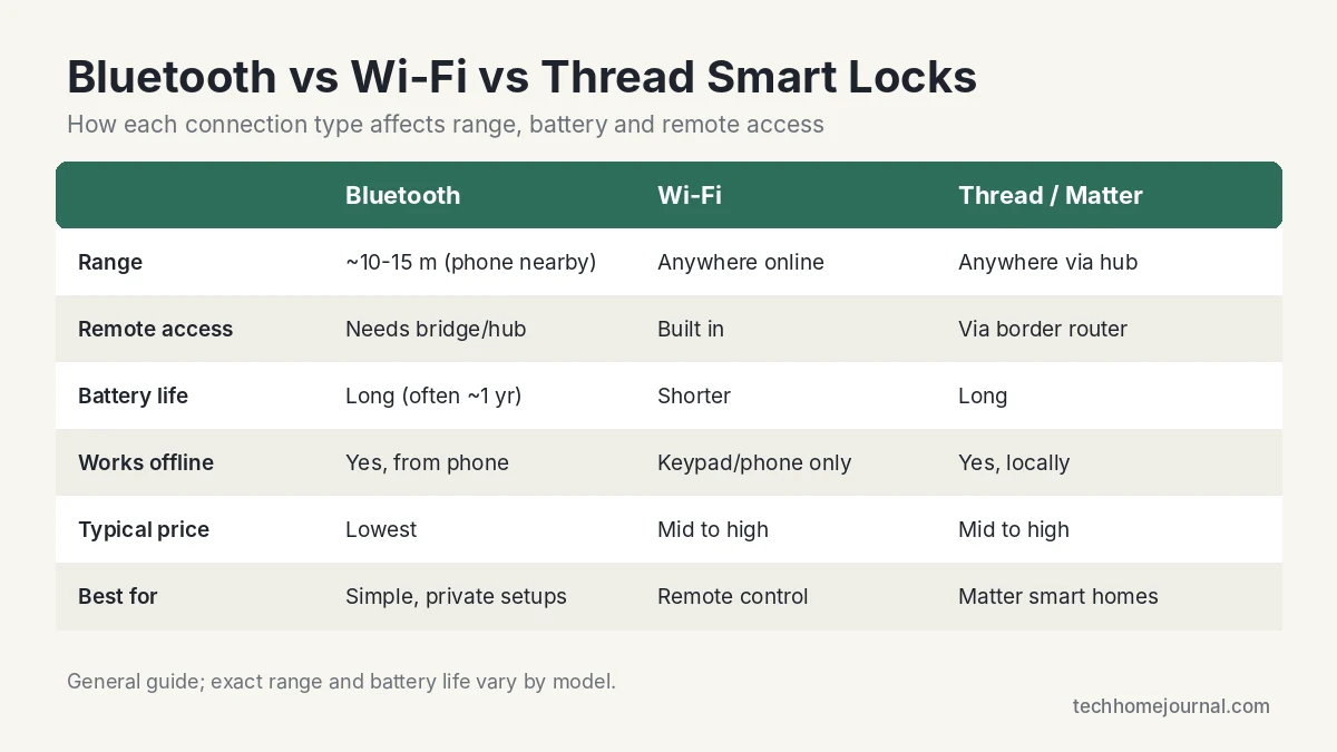 Comparison of Bluetooth vs Wi-Fi vs Thread Matter smart locks: range, remote access, battery life, offline use and price