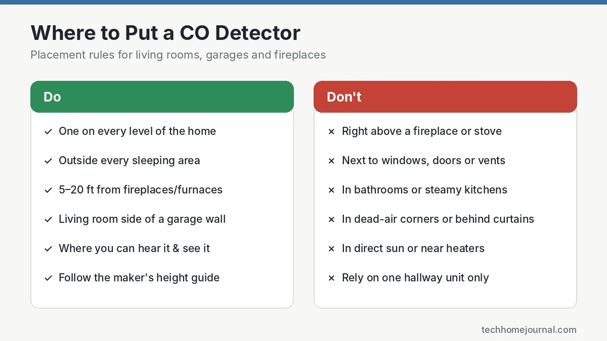 Carbon monoxide detector placement guide with dos and don'ts for living rooms, garages and fireplaces