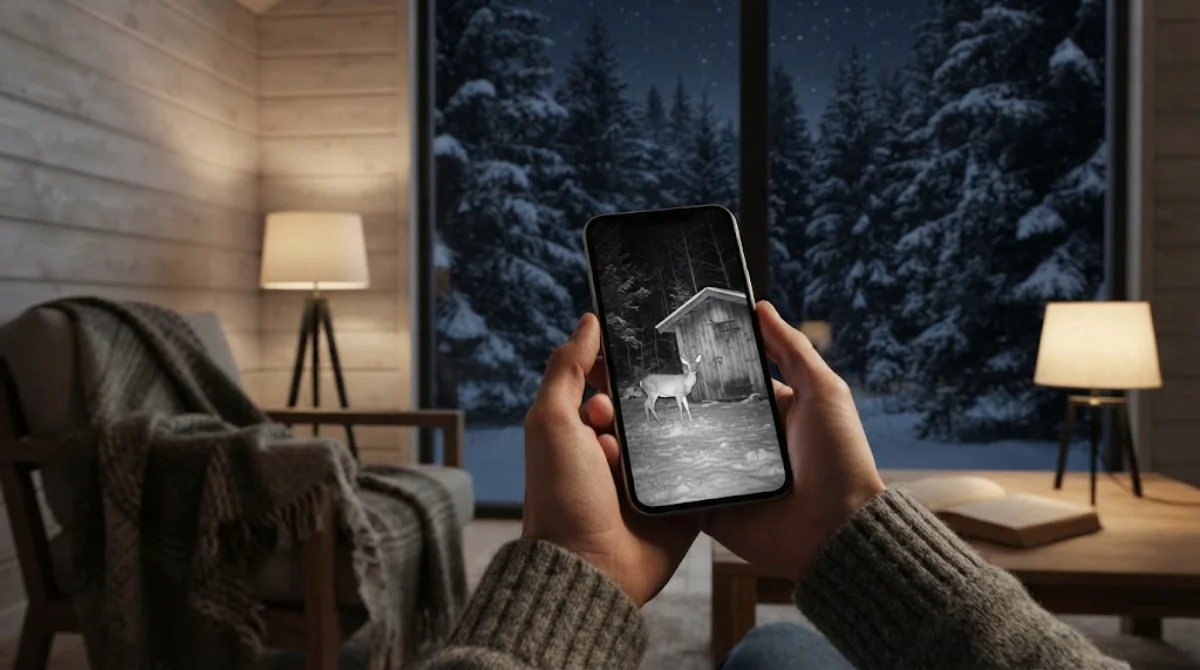 Person in a Scandinavian cabin living room viewing a night infrared photo alert from a remote cellular security camera on a smartphone