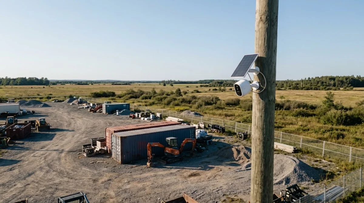 Solar powered cellular security camera mounted on a pole overlooking a remote construction site and equipment container