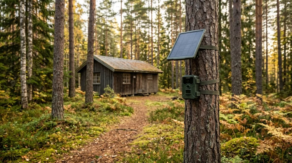 Cellular security camera with solar panel strapped to a tree, watching a remote cabin in a pine forest