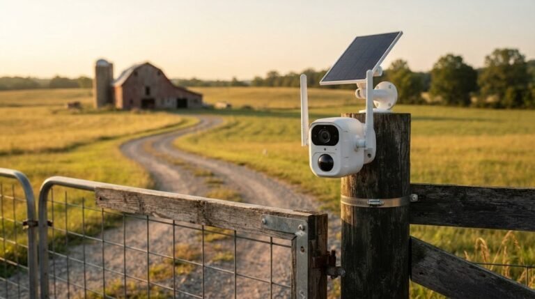 Cellular 4G LTE security camera with solar panel at a rural farm gate