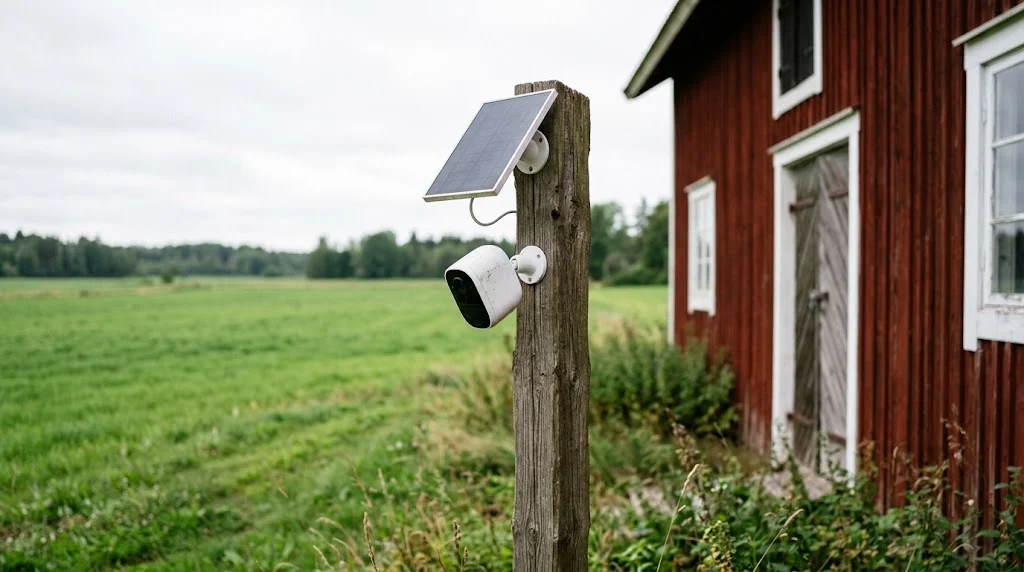 4G LTE cellular security camera with a solar panel mounted on a wooden post next to a red barn