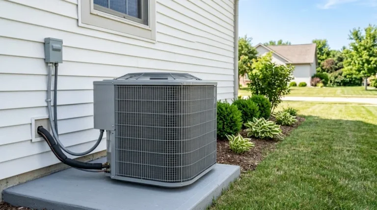 Outdoor central air conditioner condenser unit on a concrete pad beside a suburban house