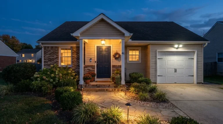 Well-lit front entrance of a suburban home at dusk with porch light, video doorbell and motion light over the garage