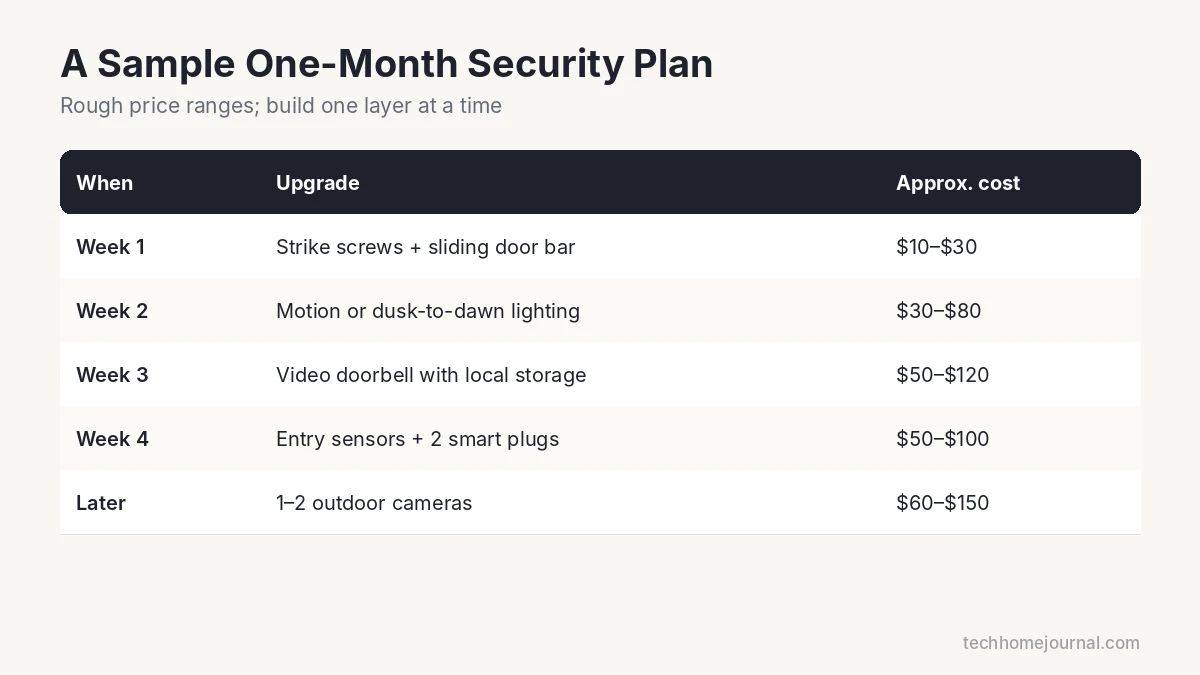 Sample one-month home security budget plan with weekly upgrades and approximate costs