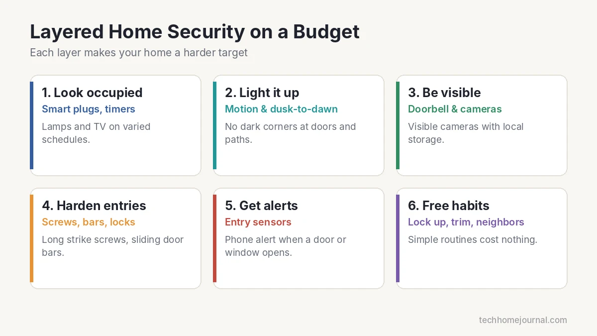 Six layers of cheap home security: look occupied, lighting, visible cameras, harden entries, alerts and free habits