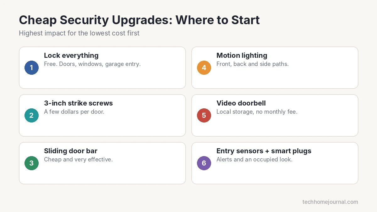Cheap home security upgrades ranked from highest impact to lowest cost