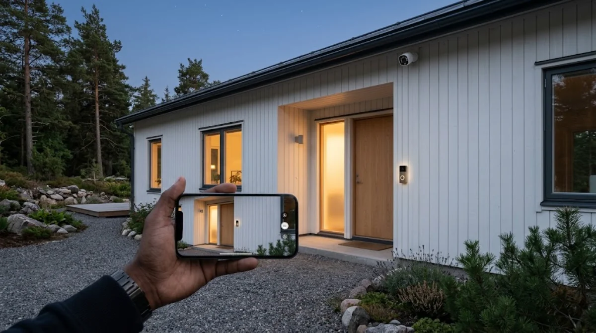 Hand holding a smartphone with a live view of the front door from a home monitoring system, Scandinavian house with video doorbell and outdoor camera at dusk