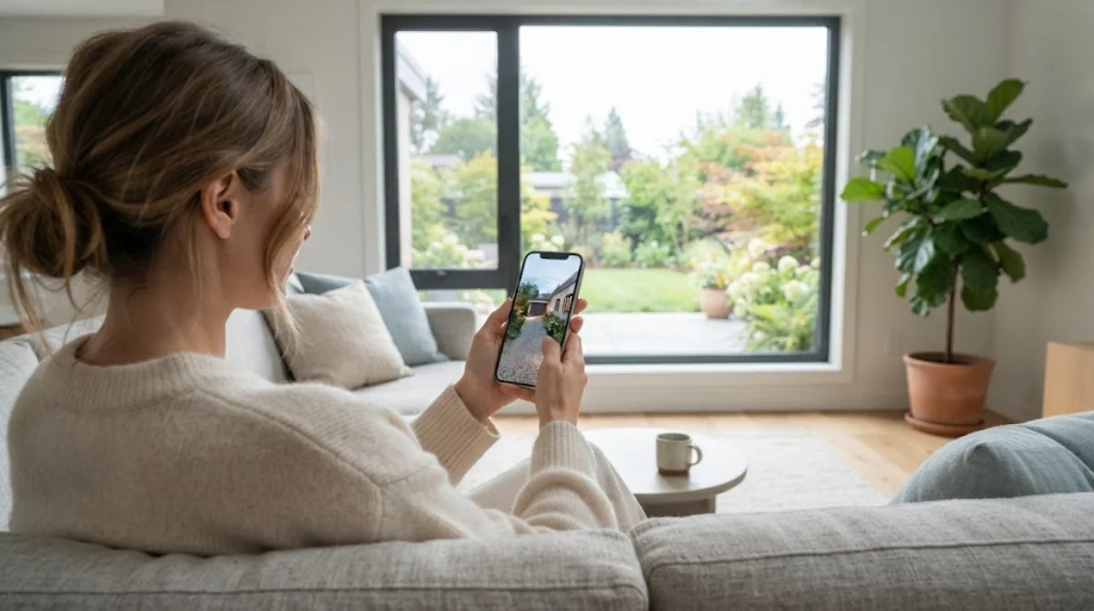 Person on a sofa in a Scandinavian living room checking the live view of an outdoor pan tilt camera on a smartphone