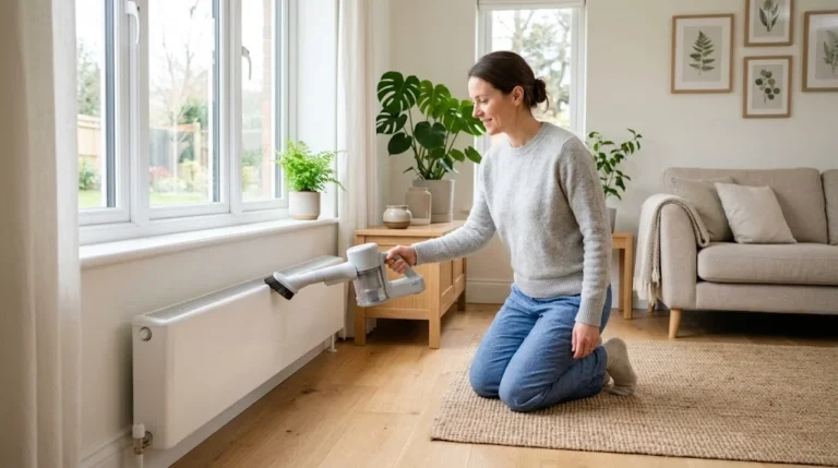 Person vacuuming the fins of an electric baseboard heater in a bright living room