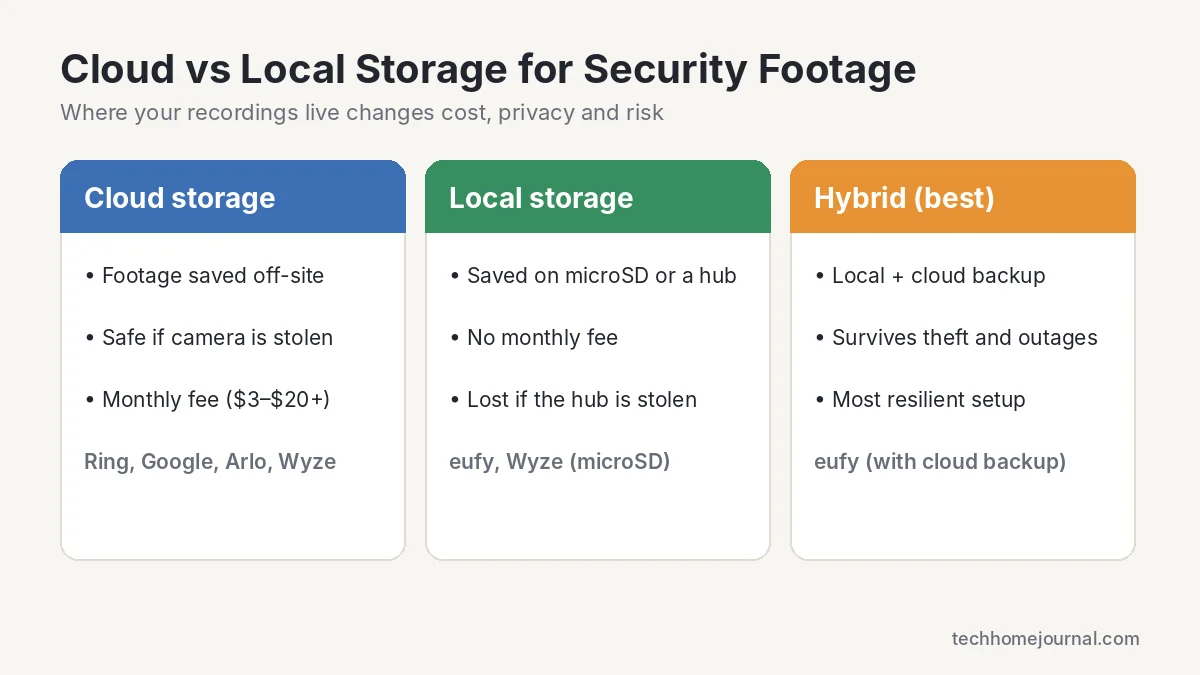 Chart comparing cloud, local and hybrid storage for home security camera footage