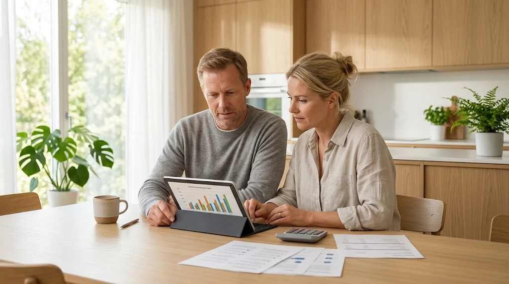 Couple at a kitchen table comparing solar panel quotes on a tablet