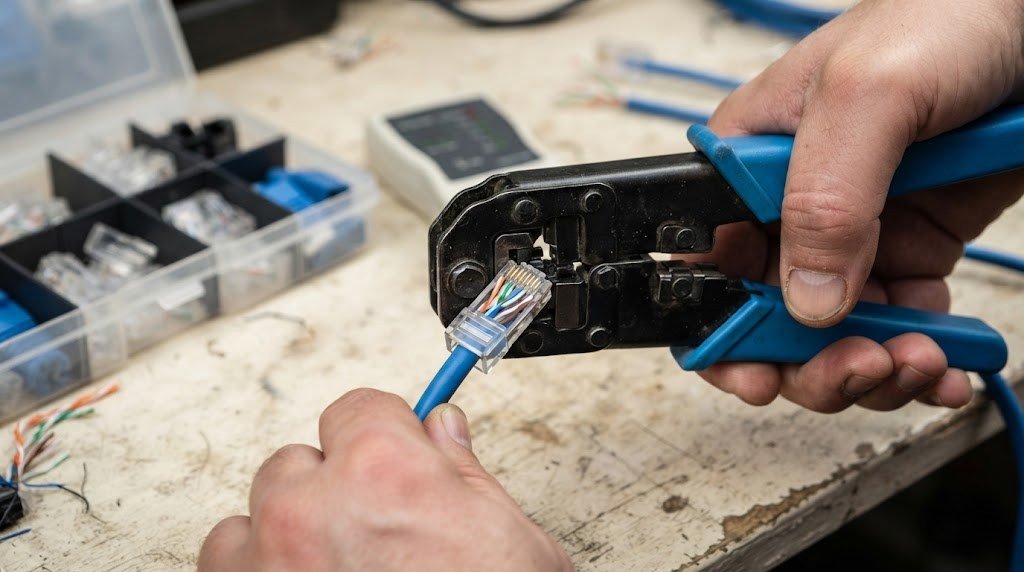 Crimping an RJ45 connector on a Cat6 cable for a PoE camera