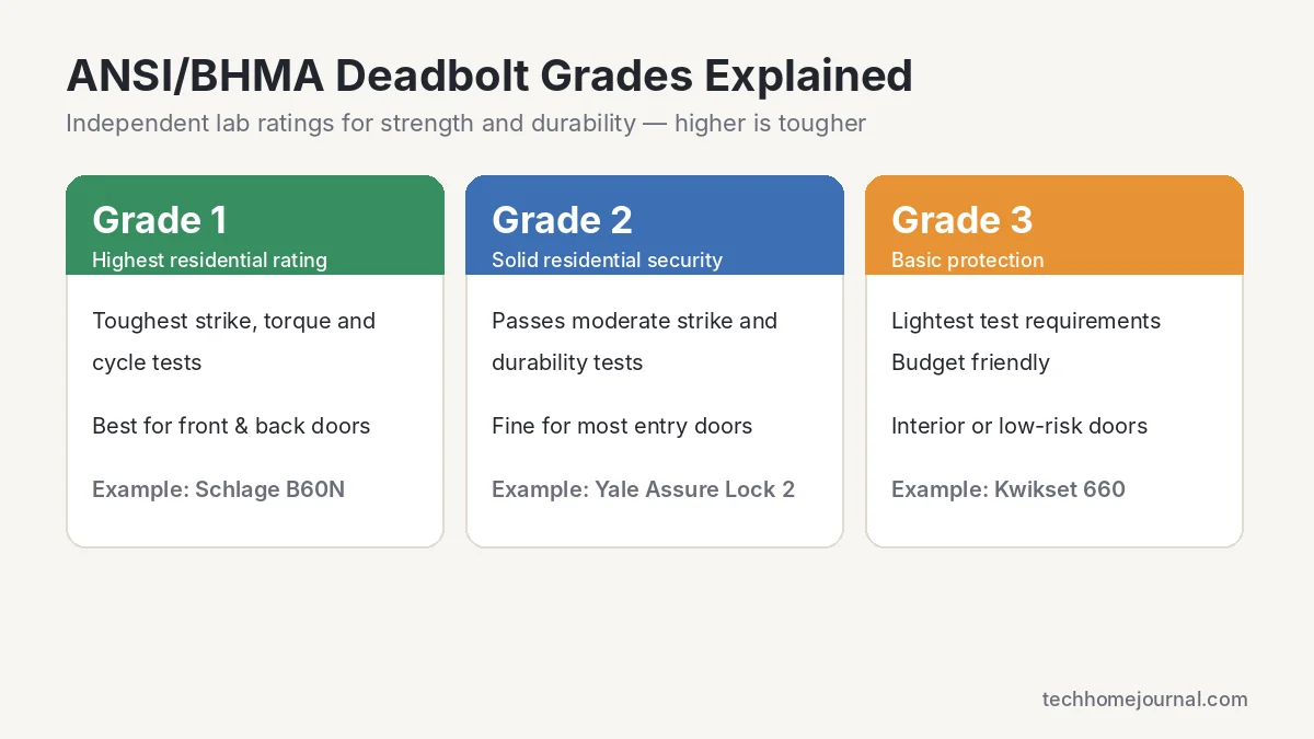 Chart explaining ANSI/BHMA Grade 1, Grade 2 and Grade 3 deadbolt lock security ratings