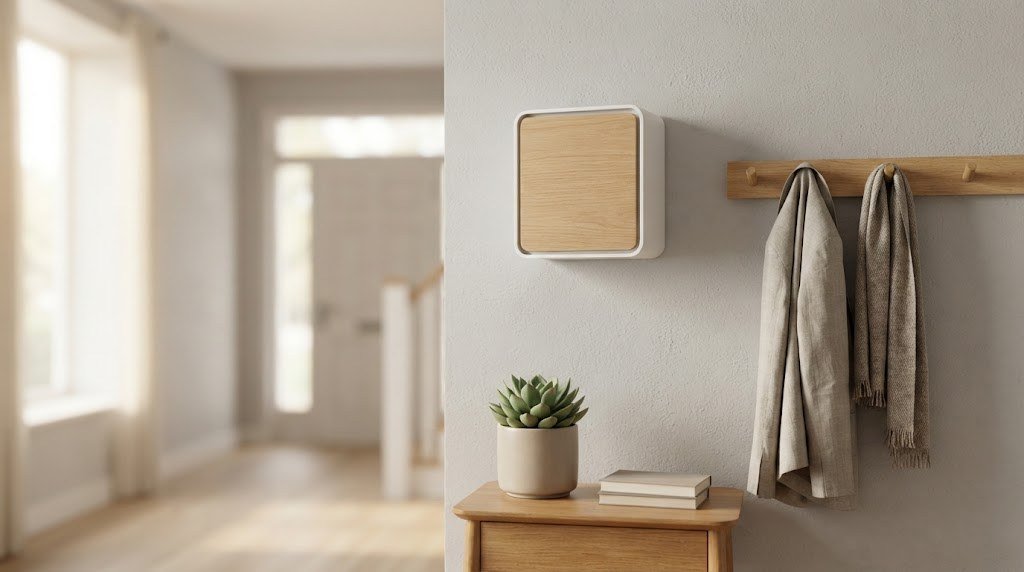 Modern doorbell chime mounted on a hallway wall