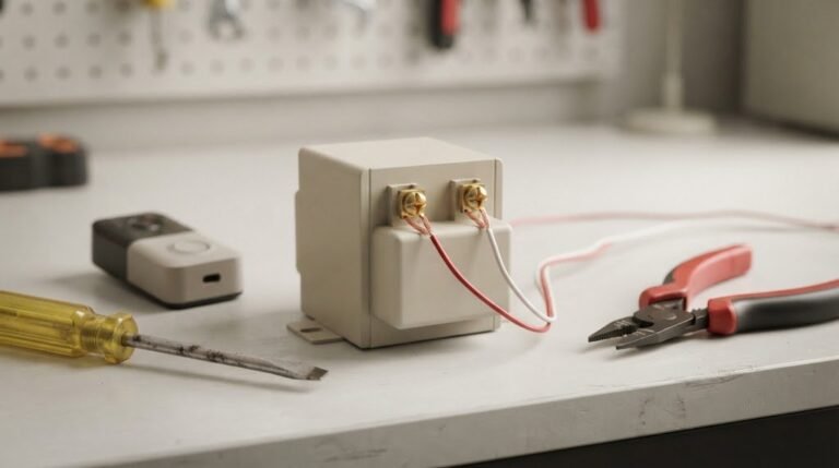 Doorbell transformer with low voltage wires next to a video doorbell