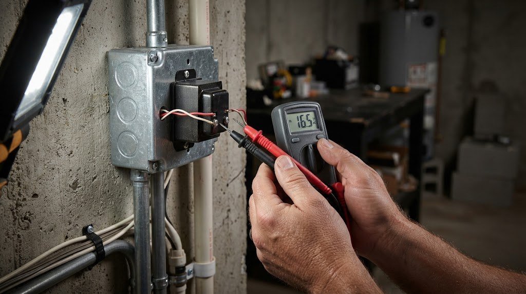 Testing a doorbell transformer with a multimeter in a basement