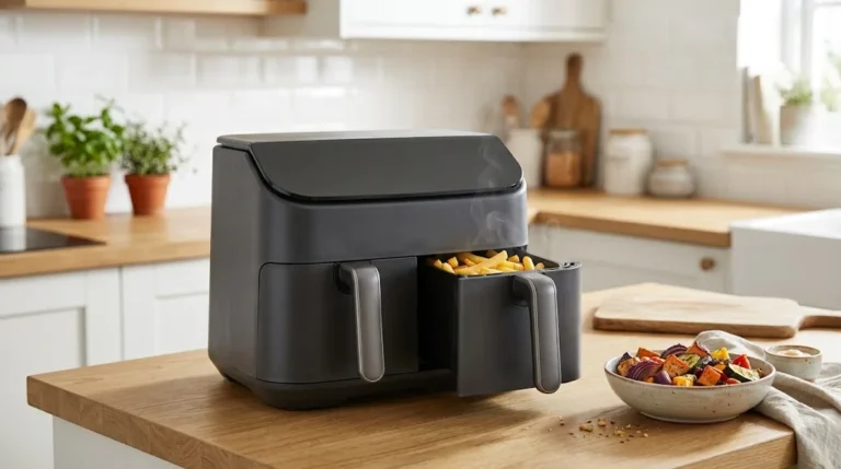 Grey two-drawer air fryer with crispy fries in an open drawer on an oak worktop in a white Scandinavian kitchen