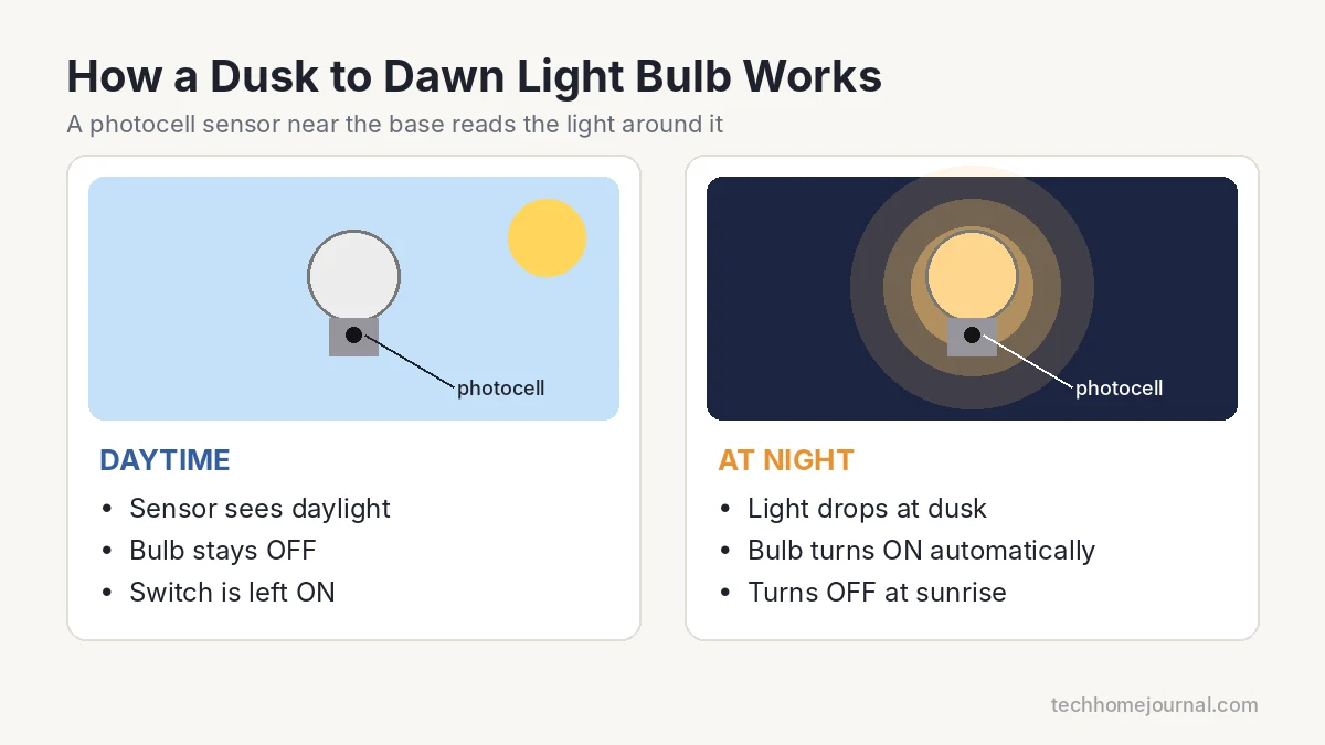 Diagram showing how a dusk to dawn light bulb photocell keeps the bulb off in daylight and turns it on at night