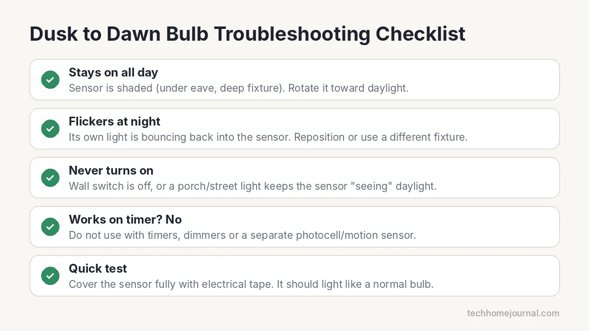 Checklist for fixing a dusk to dawn light bulb that stays on during the day, flickers or never turns on