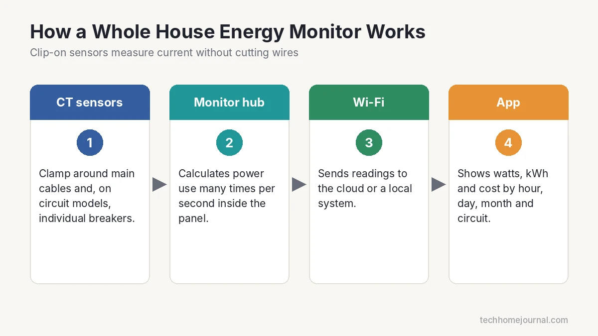 Diagram showing how a whole house energy monitor uses CT sensors, a hub, Wi-Fi and an app