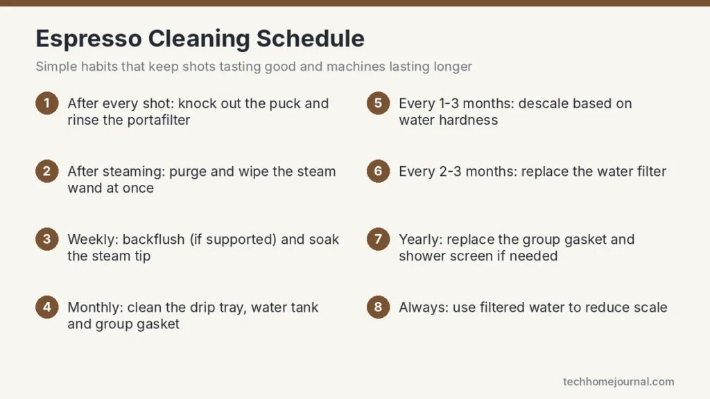 Espresso machine cleaning schedule infographic with daily, weekly, monthly and yearly tasks