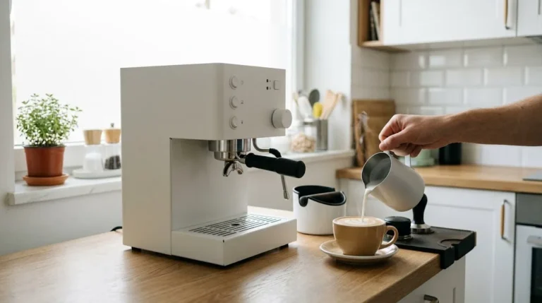 Minimalist white home espresso machine on an oak worktop with a hand pouring steamed milk into a latte