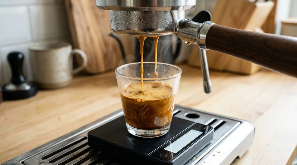 Espresso shot pouring from a bottomless portafilter into a glass on a digital coffee scale