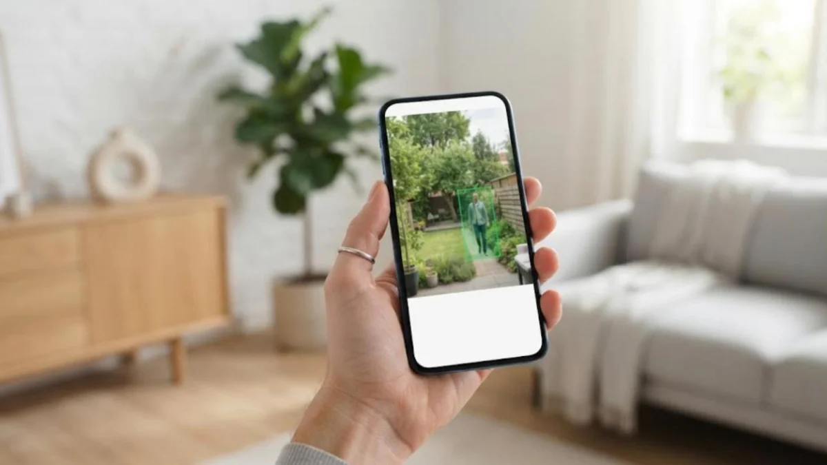 Smartphone showing a security camera live view of a backyard with AI person detection in a Scandinavian living room