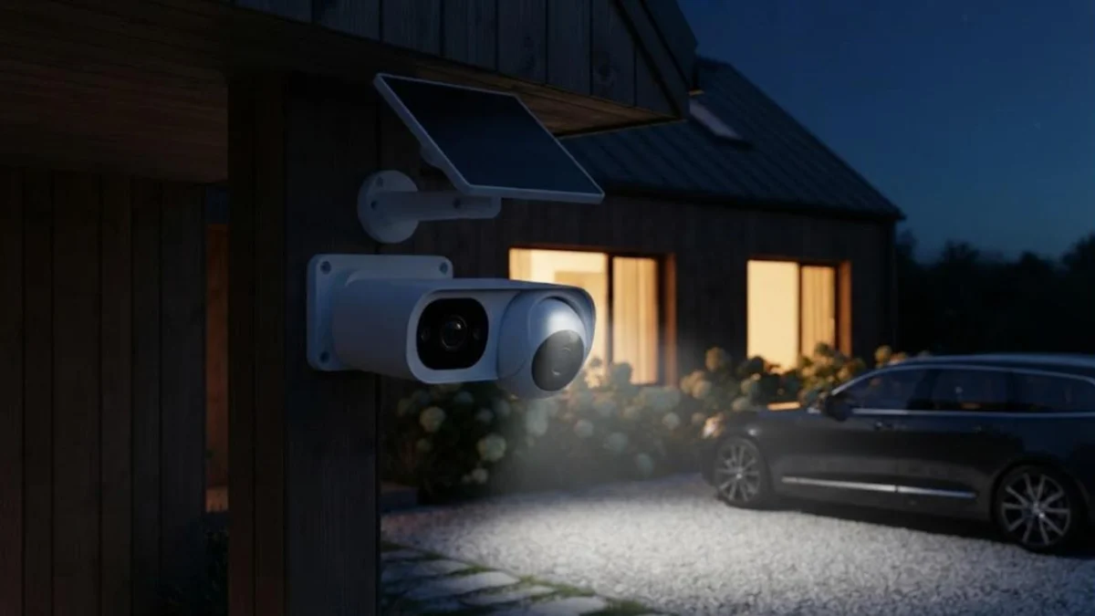 Solar-powered dual-lens security camera using its spotlight for color night vision over a driveway at night